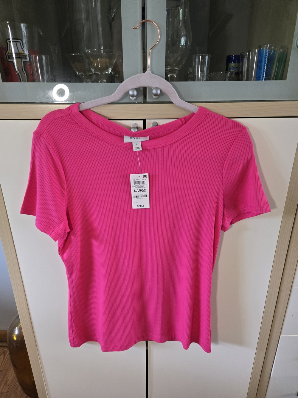 Crewneck Ribbed Short Sleeve Tee - Pink